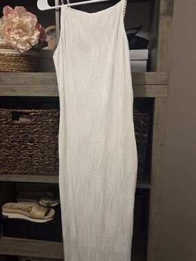 RIHOAS White Textured Maxi Slip Dress with Pearl Straps